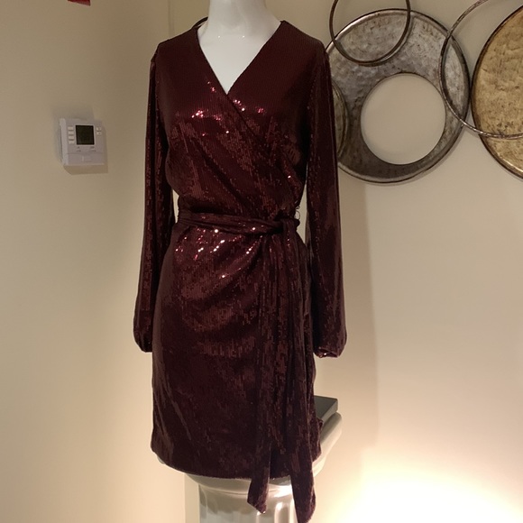 INC size small wine in color beaded wrap dress - Picture 1 of 7